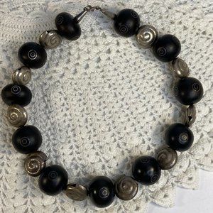 Vintage Chunky Black Wood Silver Tone Snail Beaded Ball Choker Necklace 18 inch